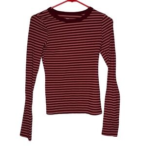 Striped Long-Sleeve Ribbed Tee - Burgundy/Black